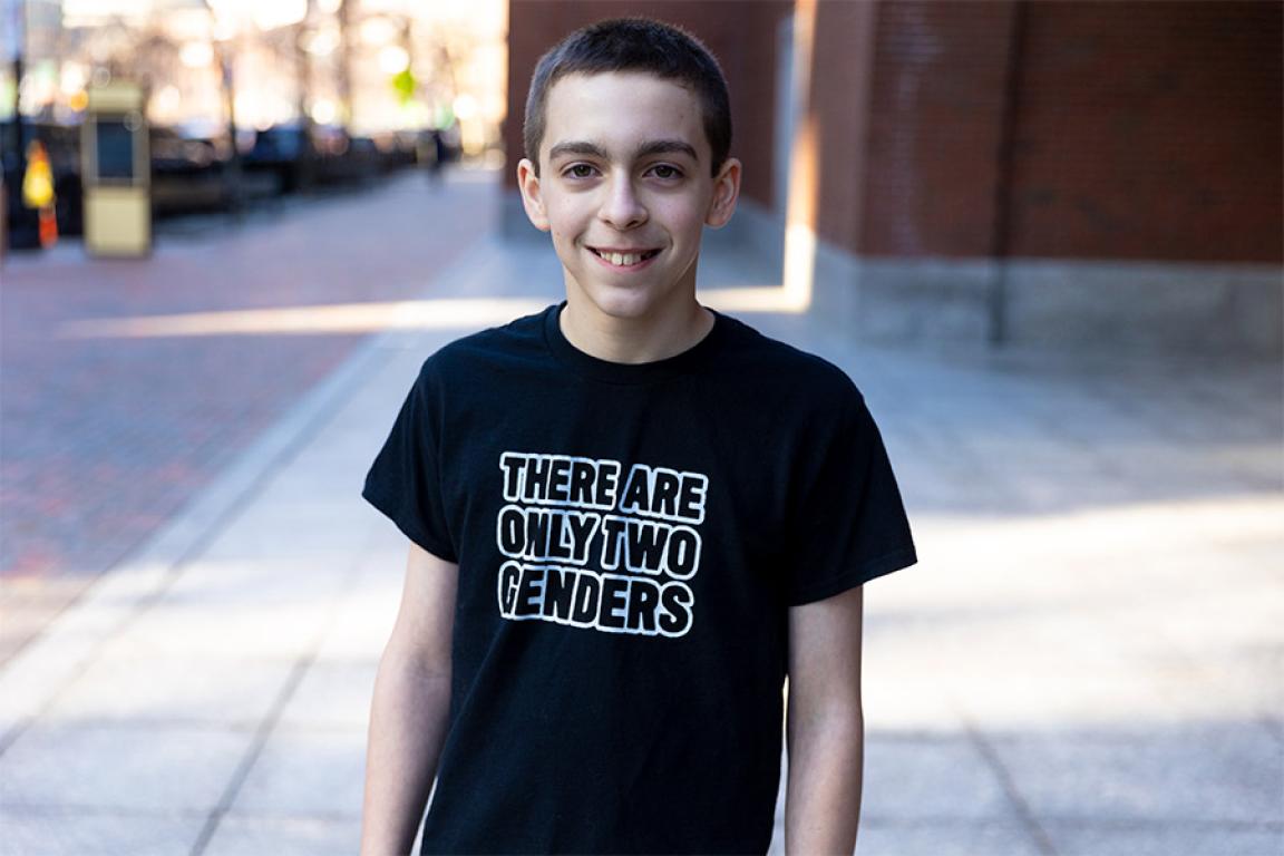 Liam Morrison wearing his "There are only two genders" shirt